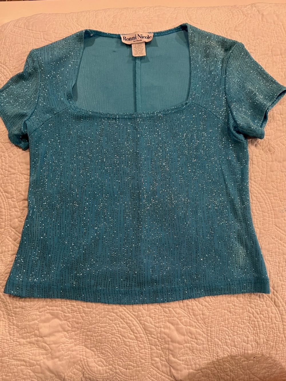 Ronni Nicole Sparkle Short Sleeve Square Neck Top - Teal Blue